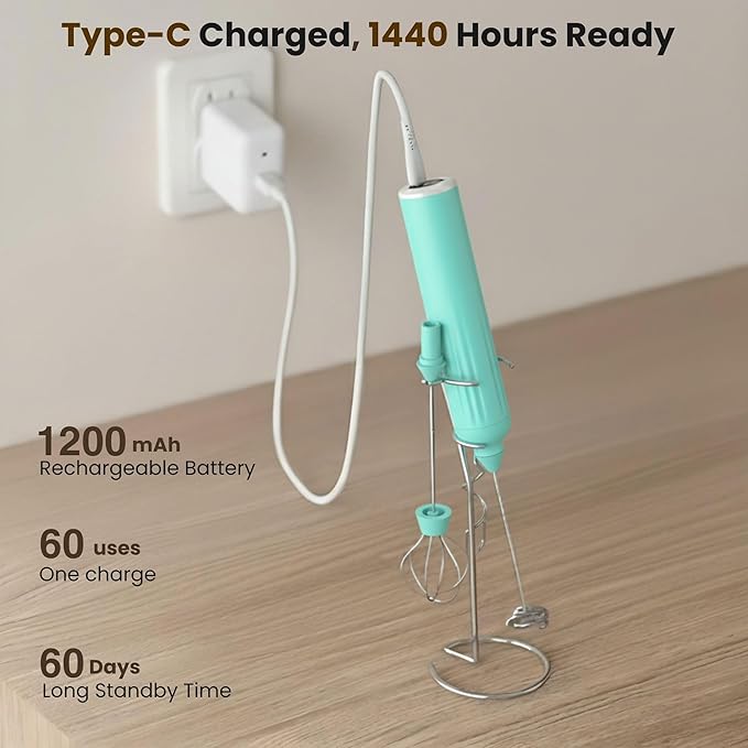 Milk Frother Handheld with 3 Stainless Steel Whisks, Rechargeable Electric Drink Mixer with Stand & Travel Case, Milk Foamer for Coffee, Latte, Cappuccino, Hot Chocolate, Egg,Jam Supplement-Mint