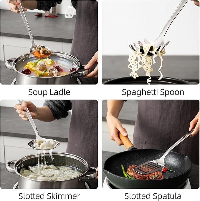 18/8 Stainless Steel Cooking Utensil set, 8 Pieces Metal Kitchen Utensils set, Slotted Spoon,Meat Fork,Ladle,Skimmer,Spatula,Spaghetti Server,Large Spoon,Masher (Dishwasher Safe, Silver)