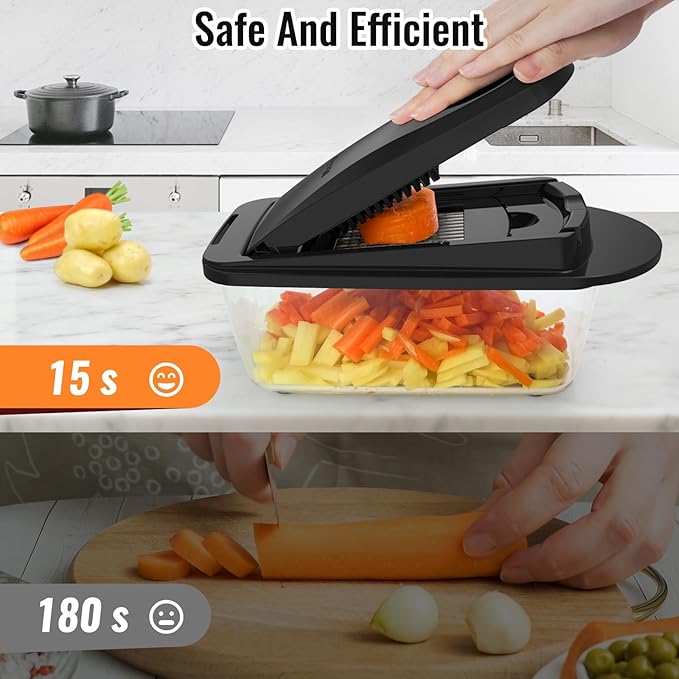12 Blade All-in-1 Vegetable Chopper Mandoline Slicer with Container, Spiralizer with Contianers, Food Chopper, Onion Chopper, Veggie Cutter for Salad, Kitchen Gadgets Accessories Essentials, Black