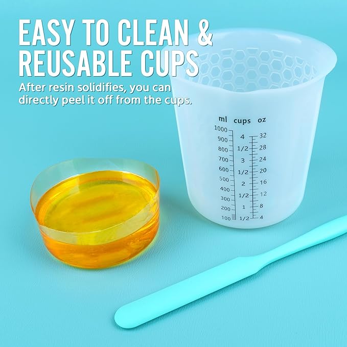 Silicone Resin Mixing 1L Measuring Cup Set for Resin Supplies, Easy-to-Read Marks, 1000ml/32oz Large Cup, Thickened Reusable Silicone Cups for Epoxy Mixing, Jewelry Making