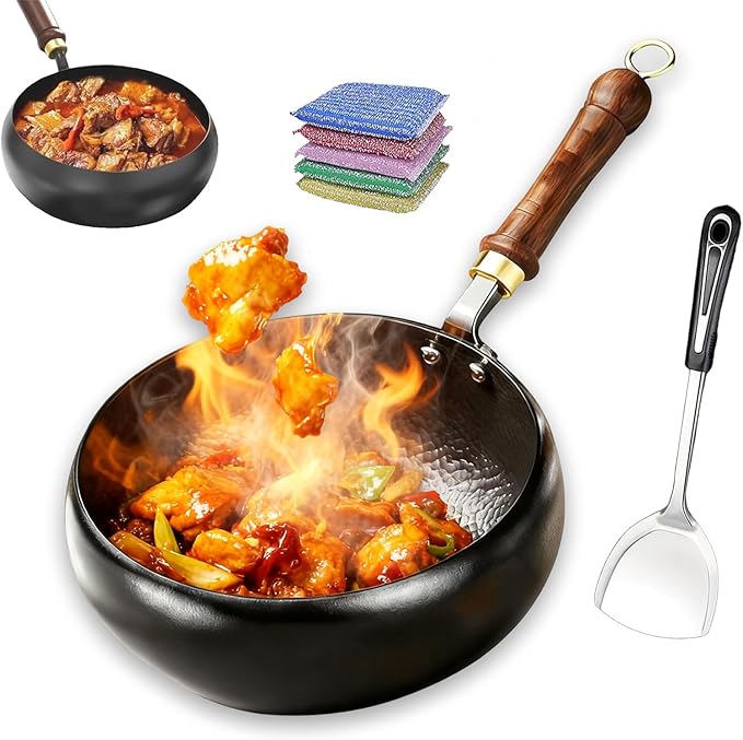 Jinswhdre Cast Iron Skillet, 9.5/11in Jinswhdre Japanese Irons Pan, Hand Forged Uncoated Iron Pan with Lid Spatula, Non-stick Wok for Cooker Gas Stir Fry Pans Durable and Rust-Free (No Lid,11in)