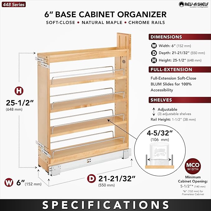 Rev-A-Shelf 5.5" Pullout Storage Organizer for Base Kitchen/Bathroom Cabinets with Soft-Close Full Extension Slides & Adjustable Shelves, 448-BCSC-5C