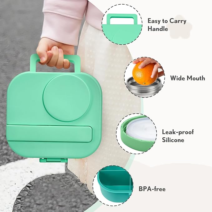 Bento Lunch Box with 12oz Soup Thermo,4 Compartments Lunch Box Containers, Spoon&Sauce Jar, BPA Free&Leak proof,Insulated Food Jar for Travel (Green)