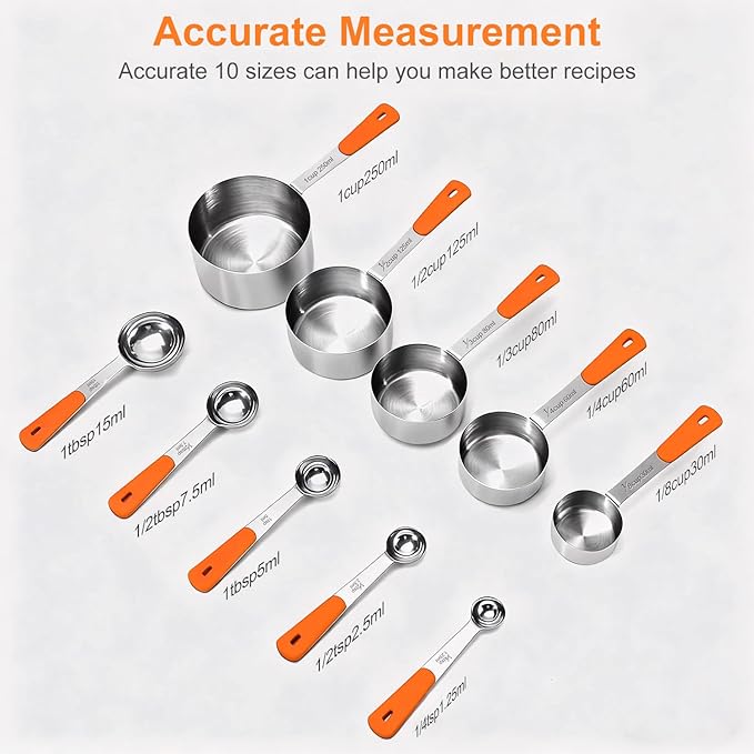 Measuring Cups and Spoons Set, Stainless Steel 10 Piece for Cooking and Baking (5 Cups + 5 Spoons, Orange Handle)