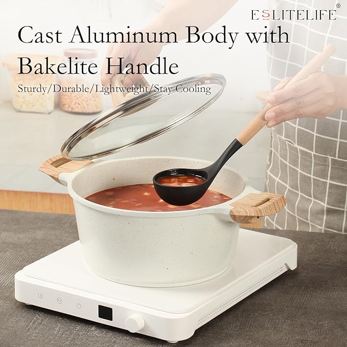 ESLITE LIFE Nonstick Stock Pot with Lid, 3 Quart Granite Casserole Small Soup Pot Pasta Cooking Pot, Induction Compatible, PTFE & PFOA Free, White