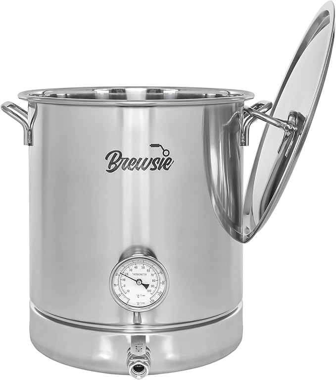 BREWSIE Stainless Steel Home Brew Kettle w/Dual Filtration. Equip with False Bottom Thermometer and Ball Valve for Brewing (10 Gal/ 40 Quart)…
