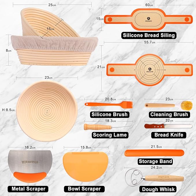 9-Inch Round & 10-Oval Bread Banneton Proofing Basket - Set of 2, Sourdough Baking Supplies with Bread Knife & Silicone Sling