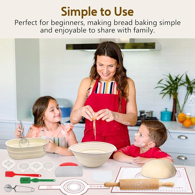 Aliggbent Silicone Banneton Bread Proofing Baskets, 10'' Oval ＆ 9'' Round Foldable Sourdough Bread Baking Supplies 18Pcs Sourdough Starter Kit Easy-to-Clean Proofing Baskets for Sourdough Bread Baking