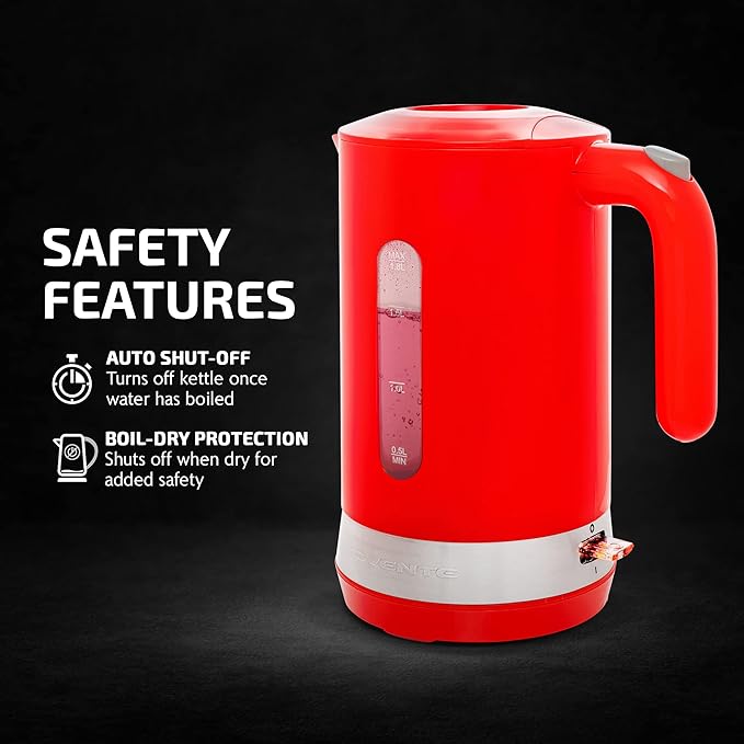 OVENTE 1.8L Electric Kettle, 1500W Fast Boiling Heater for Coffee or Tea, BPA Free, Easy to Fill Lid, Water Level Window, Auto Shut-Off, Boil-Dry Protection and Removable Filter, Red KP413R