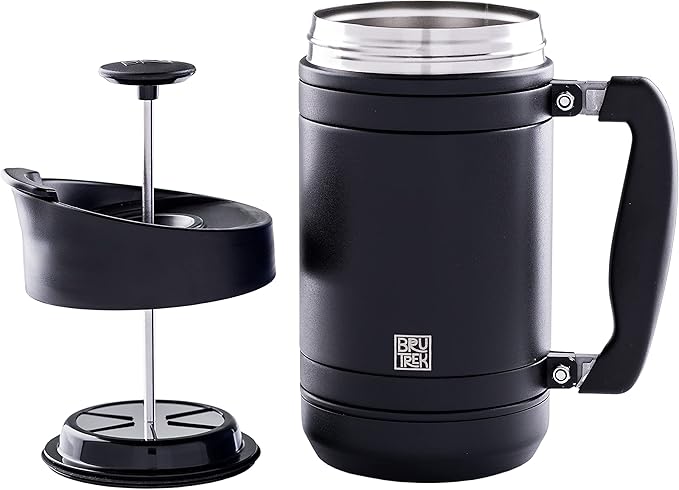 BruTrek BaseCamp Coffee Press - Double Wall Insulated Stainless Steel - Bru-Stop Technology, No Grounds in Coffee, No Spill Lid (Obsidian, 32 fl.oz)