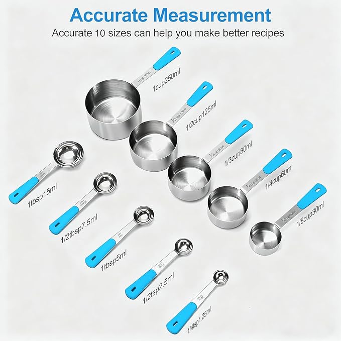 Measuring Cups and Spoons Set, Stainless Steel 10 Piece for Cooking and Baking (5 Cups + 5 Spoons, Light Blue Handle)
