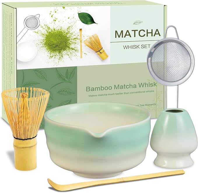 Matcha Whisk Set, Ceramic Matcha Bowl with Spout, Bamboo Whisk, Traditional Scoop, Chasen Holder, Powder Sifter, Japanese Tea Making Kit for Matcha Lovers Beginners Birthday Christmas Gift