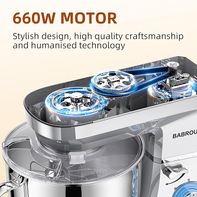 Dough Mixer 8.45 QT Electric Mixer - 660W 6 Speed Large Capacity Kitchen Stand Mixer with Whisk Dough Hook Mixing Beater Household Food Mixer for Baking Cakes Cookie Bread Salad (Silver)