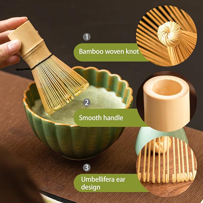 8PCS Matcha Whisk Set - Matcha Set Ceramic Whisk and Bowl, Japanese Buucup Matcha Set with Bamboo Whisk, Sifter, Scoop, Holder & Tea Towel for Traditional Matcha Ceremony (Green)