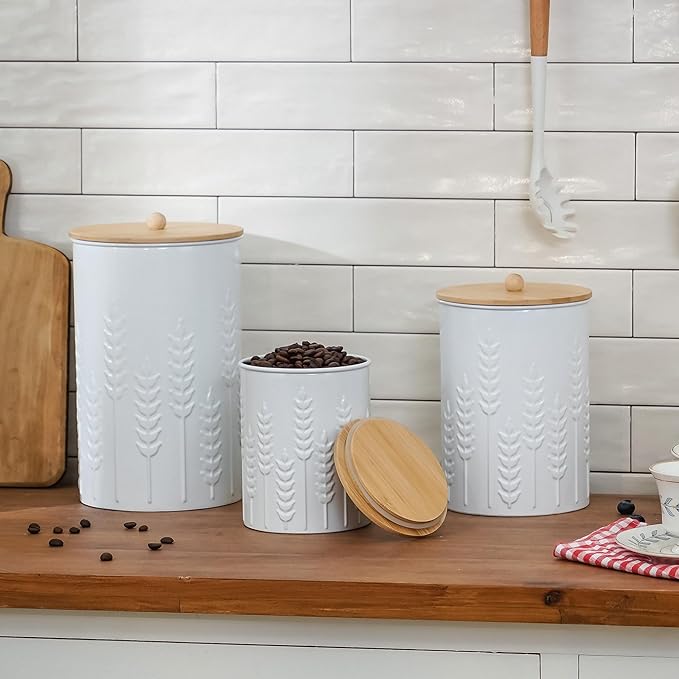 Kitchen Canister Set of 3 Tea Coffee Sugar Containers with Airtight Bamboo Lids Food Flour Storage for Countertop Metal White Ear of Wheat Pattern Embossed Farmhouse Decor