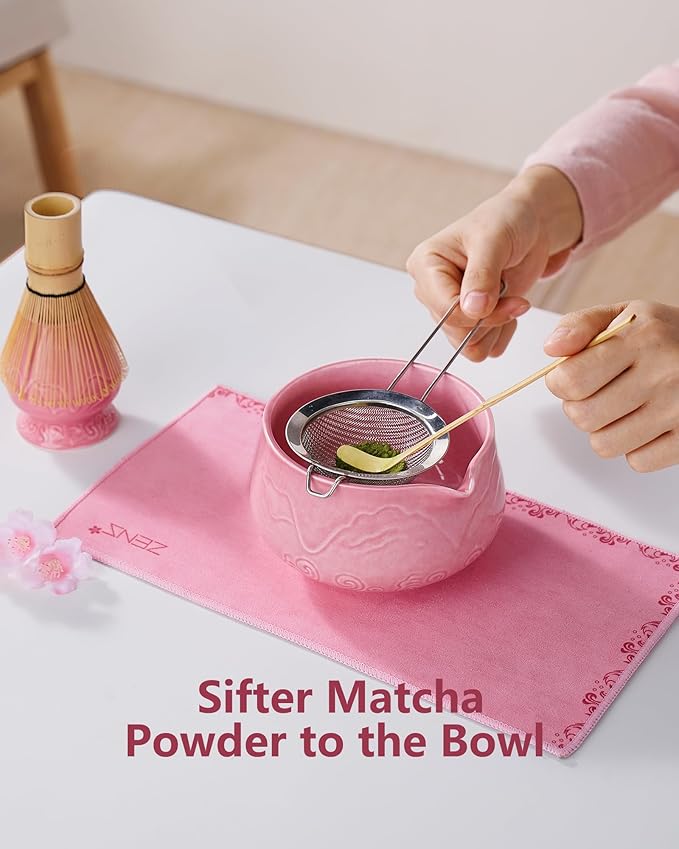 ZENS Pink Matcha Set, Matcha Whisk Set Includes 15oz Ceramic Bowl & (Chasen Holder), Bamboo Whisk & Scoop, Sifter and Pink Tea Towel, 6pcs Matcha Kit for Matcha Lovers
