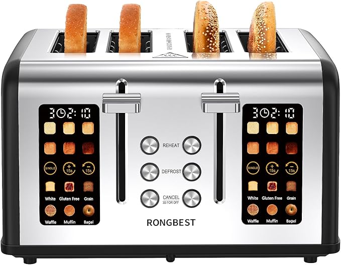 4 Slice Touch Screen Toaster, Stainless Steel Toaster with Wide Slots for Bagels and Bread, Reheat/Defrost/Cancel Functions, Removable Crumb Tray, Matt Black