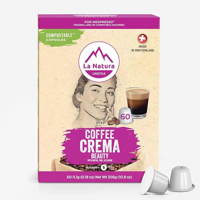 La Natura Lifestyle Beauty Coffee Pods - Crema Roast European-Style with Biotin, Zinc & Selenium for Hair, Skin & Nails Health - Compostable Nespresso Original Line Compatible Capsules - Pack of 60