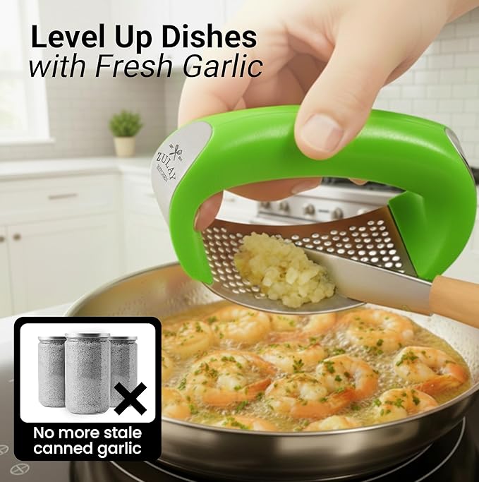 Zulay Kitchen Stainless Steel Garlic Press Rocker Set - Premium Garlic Mincer Garlic Crusher - New Innovative Garlic Crusher with Peeler and Scraper - Comfortable Grip (Green)