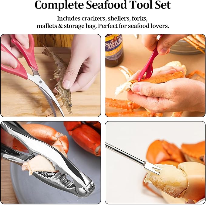 5 PCS Seafood Cracker Tool Set, Including Lobster Sheller, Stainless Steel Crab Crackers, Crab Leg Fork, Scissors and Storage Bag for Seafood Boil Party Supplies, Ideal Gift for Friends