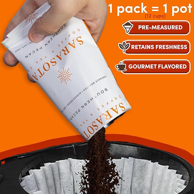 Sarasota Coffee Packs Bulk Ground Packets | Southern Pecan Flavored | Gourmet Assorted Gift Set Sampler | Low Acid Mold Free Individual Pouches for 12 Cup Coffee Maker | 1.75 Oz Bags, 100 Count