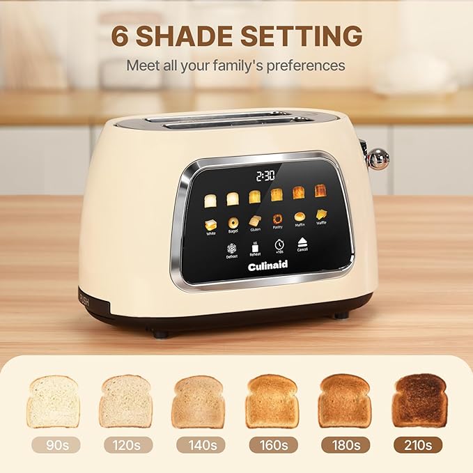 Toaster 2 Slice Smart Touch Screen, Retro 1.5'' Extra Wide Slot Stainless Steel Digital Bread Toaster with Memory Function, Bagel, Defrost, 6 Browning Levels and Removable Crumb Tray, Cream