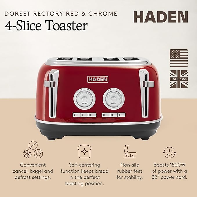Haden Dorset 4 Slice Wide Slot Stainless Steel Toaster with Adjustable Browning Control & Non-Slip Feet, Rectory Red