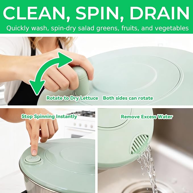5.3Qt Stainless Steel Salad Spinner,Lettuce Spinner with Non-Slip Base,Multifunctional Design with a Crank,A Variety of Blades Make it Easy to Chop, BPA Free,Dishwasher Safe, Non-Slip Base.