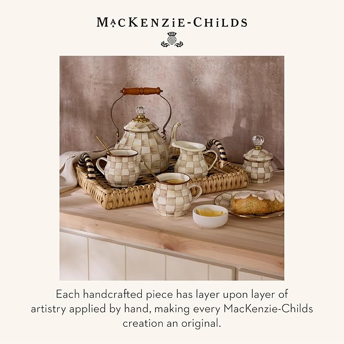 MACKENZIE-CHILDS Enamel Measuring Cup, Cute Measuring Cup with Pour Spout, 7-Cup Capacity, Brown-and-White Mocha Check