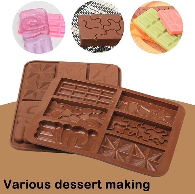 Thin Chocolate Bar Molds, 6 Shapes Break Apart Chocolate Molds Silicone for Candy/Gummy/Wax Melts/Resin, 2 Pcs Fruit Snack Molds for Fondant/Jelly/Desserts