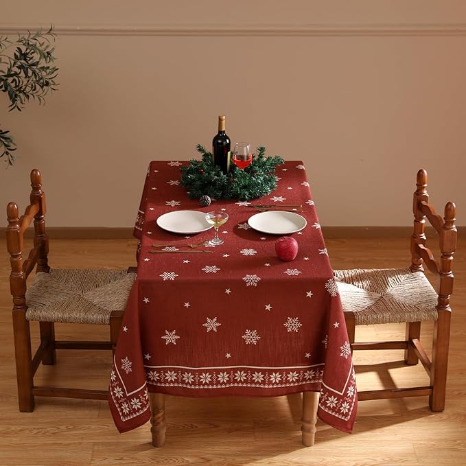 ISAENNE Designer Christmas Red Small Square Tablecloth,Linen Table Cloth with Snowflakes Pattern,Wrinkle Resistant Decor Tablecloths for Dining Kitchen Thanksgiving Christmas,55"*55"-Carol C
