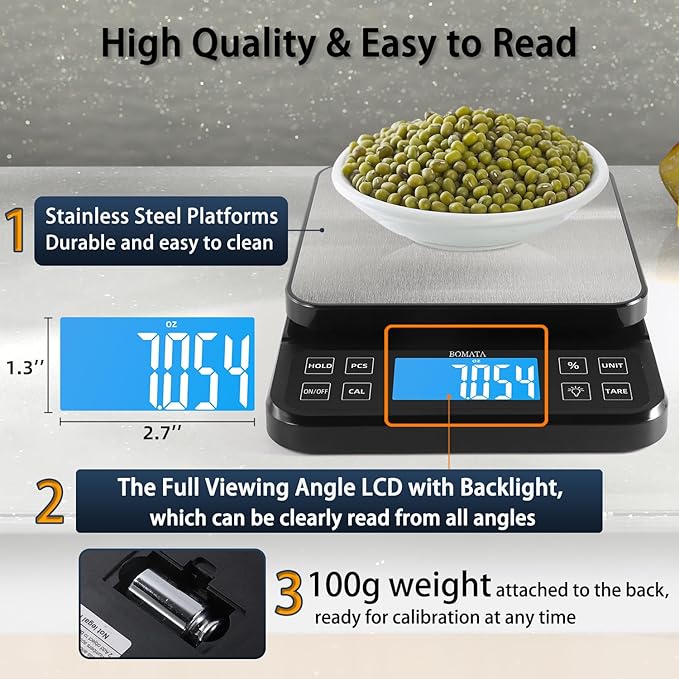 BOMATA Large Kitchen Scale with 0.1g/0.001oz High Precision, 5kg/11lb Bakery Scale with% Percentage Function, USB Rechargeable, Full-View Angle LCD with Backlight, Stainless Steel Pan