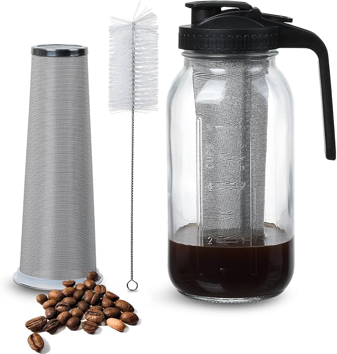Cold Brew Coffee Maker Pitcher 64-ounce Glass Wide Mouth Mason Jar with Stainless Steel Filter and Pour Spout Handle Lid (Black, 64Ounce)