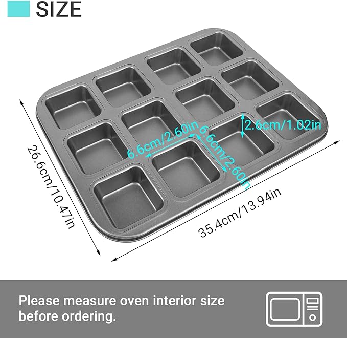 Beasea Brownie Pan with Dividers, 2 Set All Edges Square Cupcake Brownie Pans 12 Mini Cavity Non Stick Baking Carbon Steel Bread Mold Small Edge 3x4 Individual Cutter Sheet Tray for Cake Cookie Oven