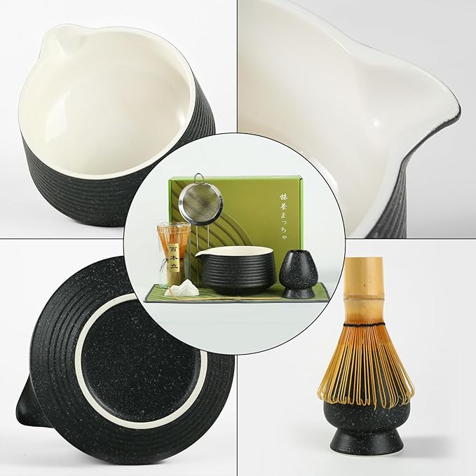 Matcha Whisk Set, Ceramic Matcha Set with Spout, Matcha Bowl Kit with Sifter, Whisk and Holder, Bamboo Scoop, Scoop Rest, Tea Towel, 7 Pcs Matcha Kit Set for Making Breakfast/Latte for Matcha Lovers