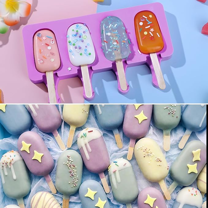 Ouddy Life Popsicle Molds Set of 2, Ice Pop Molds Silicone 4 Cavities Ice Cream Mold Oval Cake Pop Mold with 50 Wooden Sticks for DIY Popsicle (Purple) (Purple)