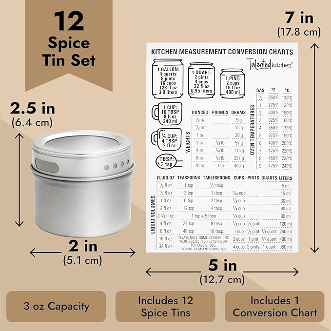 Talented Kitchen Magnetic Spice Jars for Refrigerator - 3 oz, Stainless Steel, Set of 12 - Spice Containers with Labels - Magnetic Travel Containers & Camper Must-Haves
