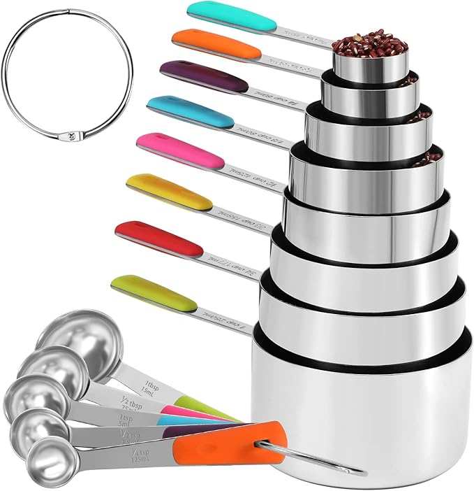 13-Piece Measuring Cups and Spoons Set Stainless Steel for Cooking & Baking (8 Cups +5 Spoons, Colorful）