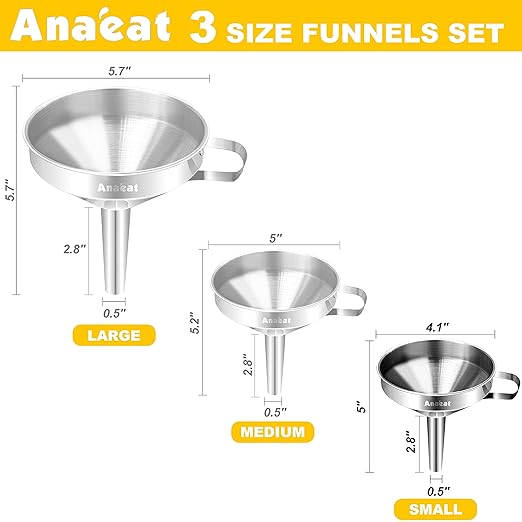 Anaeat Stainless Steel Kitchen Funnel, Multi-Use Premium Metal Food Grade Cooking Funnels with 2 Removable Strainer Filter for Transferring Liquid or Dry ingredients, Oils & 1 Pc Cleaning Brush (4.1")