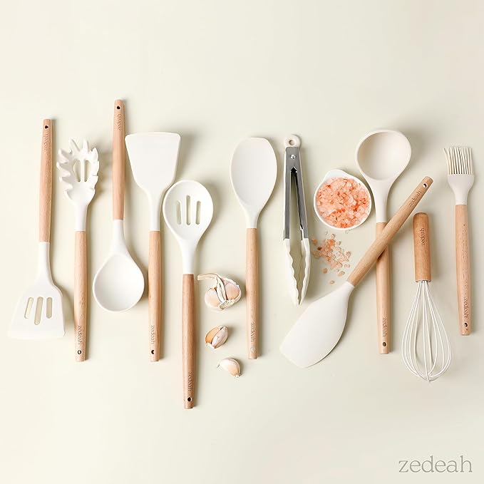 11-Piece Silicone Kitchen Utensils Set with Non Toxic Spatula, Tongs, Whisk, Turner & Ladle – Heat Resistant, Non-Scratch Cooking Tools with Wooden Handles, BPA-Free, Dishwasher Safe (Beige)