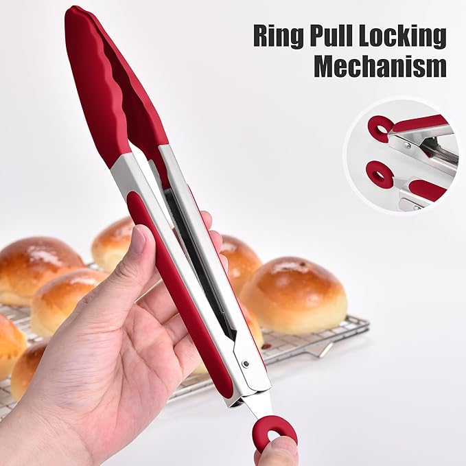 Doosu Kitchen Tongs for Cooking - 600°F Heat Resistant Food Tong Set with Non-Scratch Silicone Tips, Heavy Duty Stainless Steel Locking Tong for BBQ, Grilling Steak, Serving Salad (9+12in, Red)
