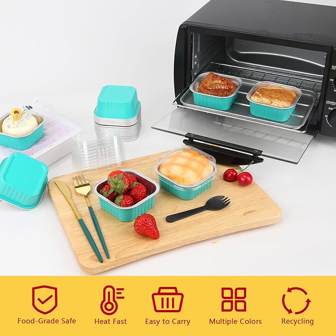 5oz/80pack Mini Cake Pans with Lids,LNYZQUS Aluminum Foil Cupcake Baking Cups Muffin Tin,Disposable Ramekins Small Cake Mini Brownie Baking Pan Cheesecake Containers -Cyan Blue