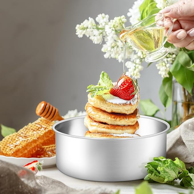 Leonyo 8 Inch Cake Pan, Stainless Steel Circle Baking Pans Set, 2 Pieces Round Layer Cake Tin for Wedding Birthday, Even Heating, Non Toxic & Healthy, Heavy-Duty, Dishwasher Safe