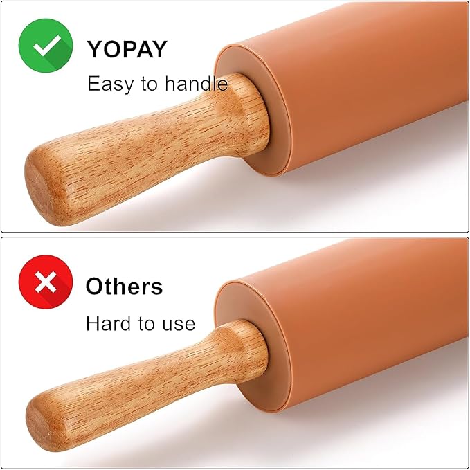 Yopay 4 Pack Silicone Rolling Pin for Baking, Non Stick Large 17 Inch Roller with Wood Handle for Tortillas Dough, Pizza, Pie, Pastries, Pasta, Cookies, Good Grips, Easy to Wash