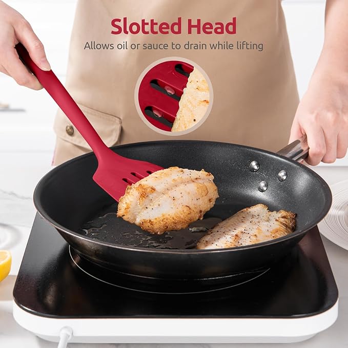 600ºF Heat Resistant Silicone Turner: U-Taste 13.6in Long Solid & Slotted Thick Kitchen Spatula Flipper, Large Flexible Cooking Utensil for Flipping Egg, Pancake in Nonstick Cookware (Rose Red, 2PCS)