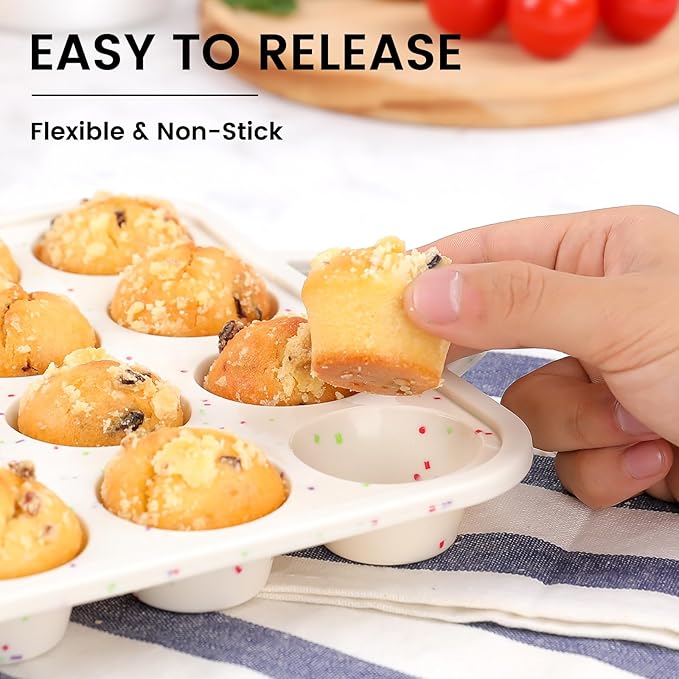 Vinino Mini Muffin Pan with Metal Reinforced Frame-2Pack, Silicone Cupcake Pan for Baking 24 Cup Mini Size, BPA Free Silicone Muffin Tray, Cupcake Baking Pan Molds for Oven Dishwasher Safe - Cream