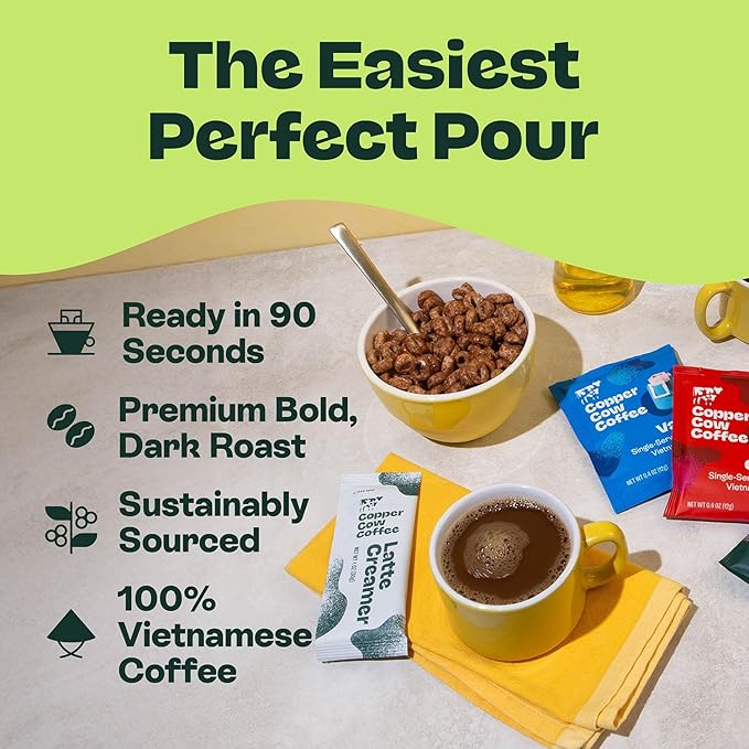 Copper Cow Coffee Pour Over Vietnamese Coffee Pouches + Sweetened Condensed Milk Creamers (8 Coffees & 8 Milk Creamers) | Classic Black Lattes, No Refrigeration Needed, Travel Friendly