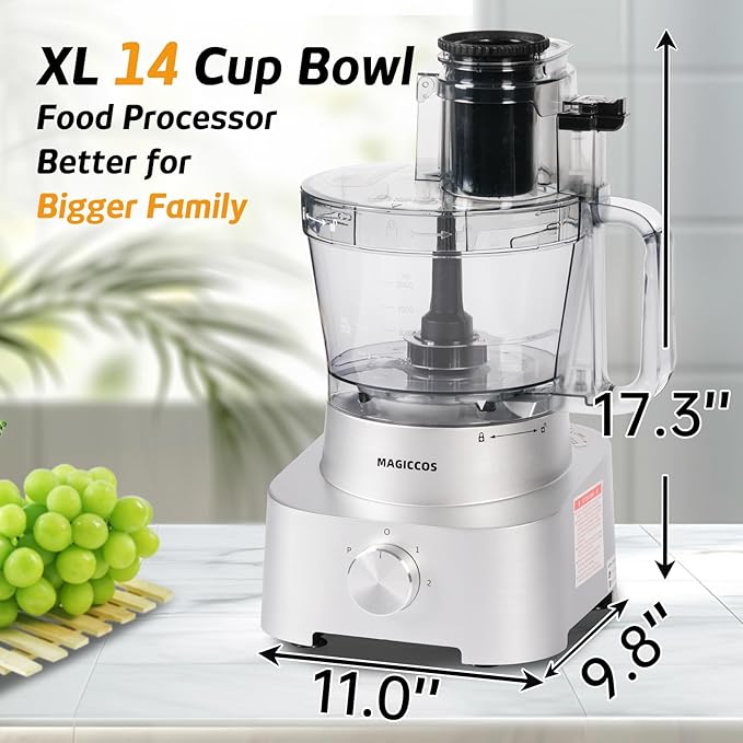 14-Cup Aluminum-Diecast Food-Processor - XL Bowl, Large Chute, 800W Motor & Silver Die-Cast Base, Slicing & Shredding, Chopping & Mixing, For Fries, Cheese, Meat & Veggie Prep, For Home Use
