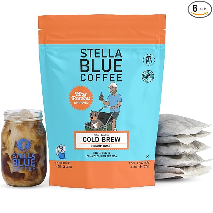 STELLA BLUE Fresh Cold Brew Coffee | Miss Peaches Blend | 100% Single Origin Arabica MEDIUM Roast | Ethically & Sustainably Sourced from Colombia | Helps Support PAWS Chicago | 6 Packets to Make 24 Cups