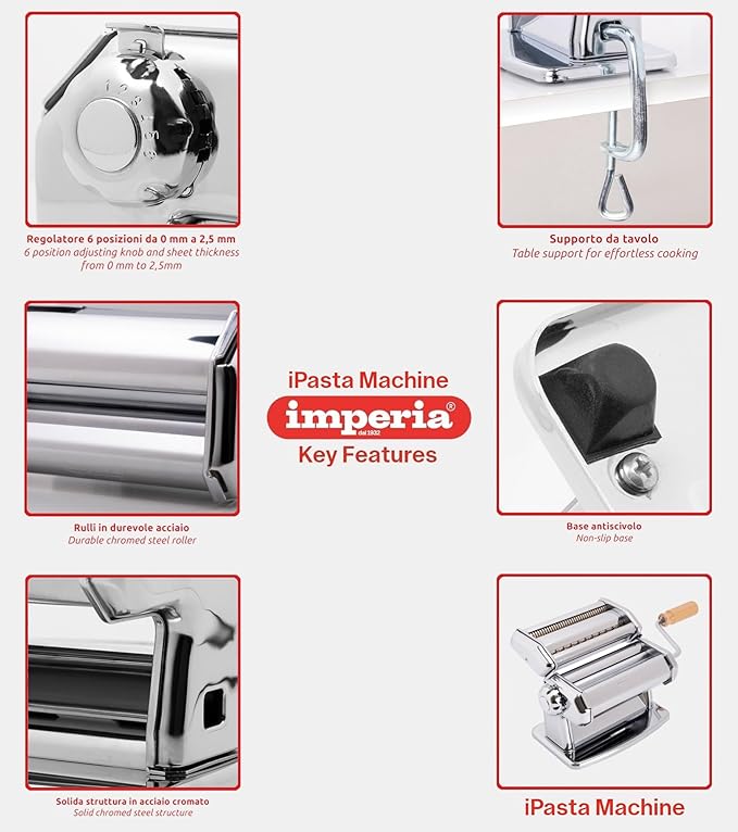 Imperia Pasta Maker Deluxe Gift Set w Accessories- Includes Pasta Machine, Ravioli Mold Press, Wooden Rolling Pin plus 2 Cutter Attachments for Adjustable Thicknesses- Made in Italy Steel Construction